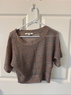 Forever 21 Open-Knit Short Sleeve Sweater - Taupe with Blue & Coral Hues